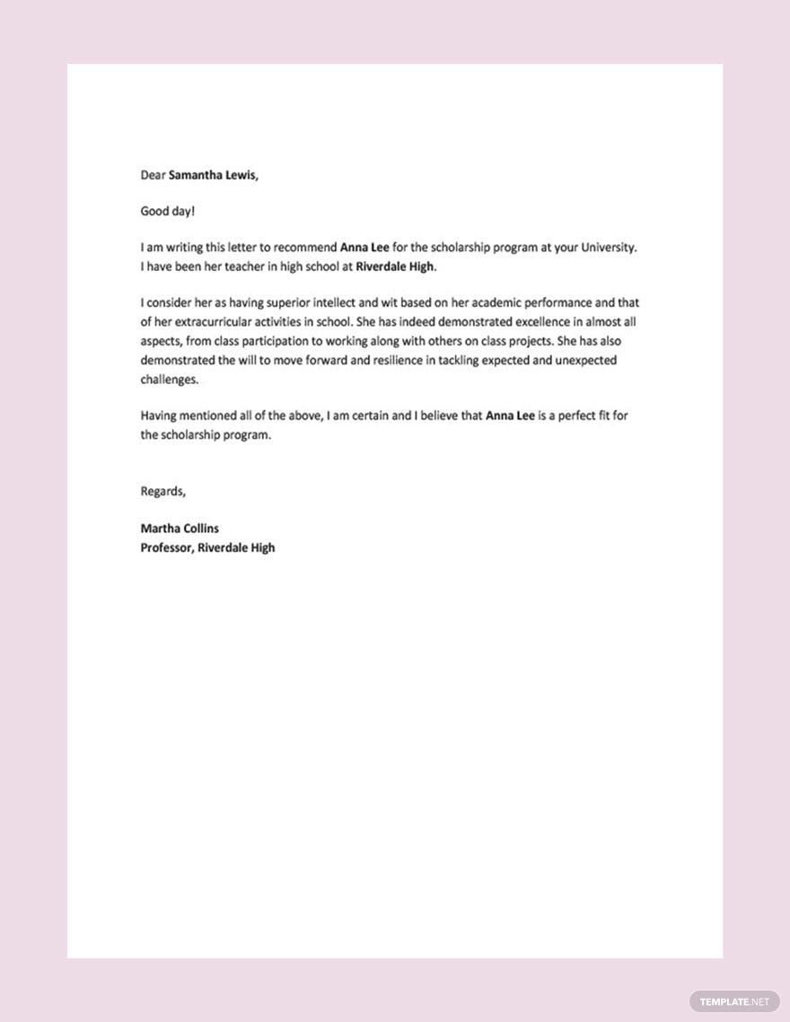 Student Scholarship Recommendation Letter Template