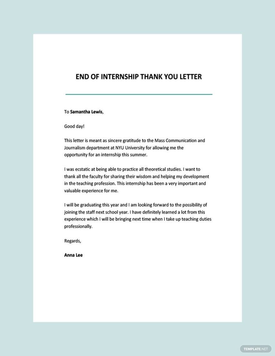 End of Internship Thank You Letter Template