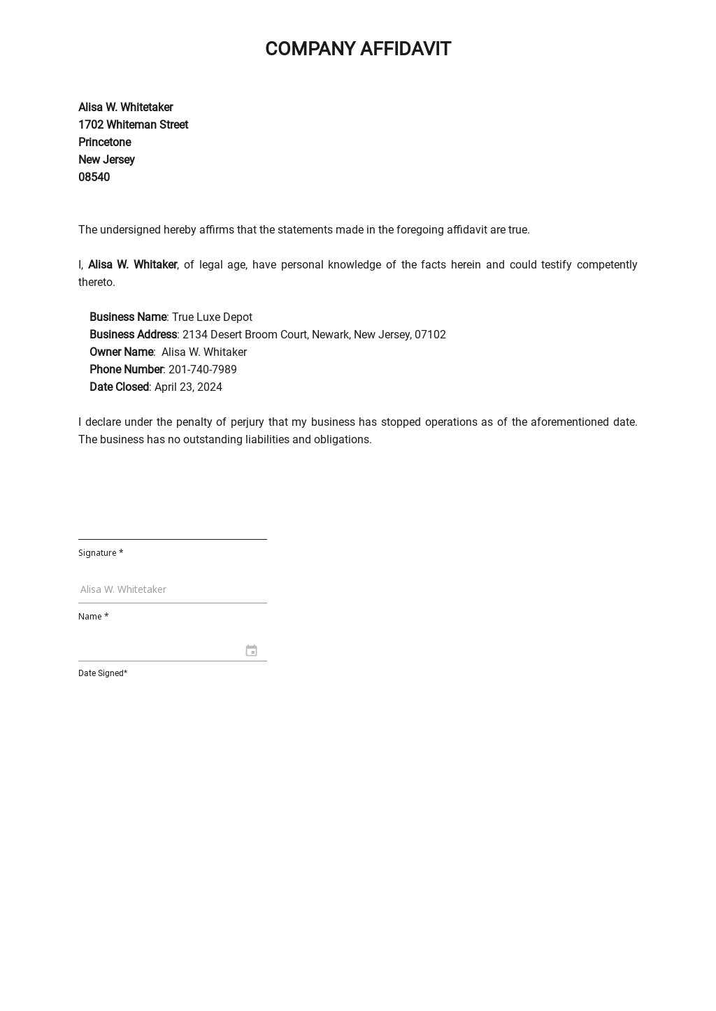 Affidavit Of Closure Of Business Template in Word, Google Docs