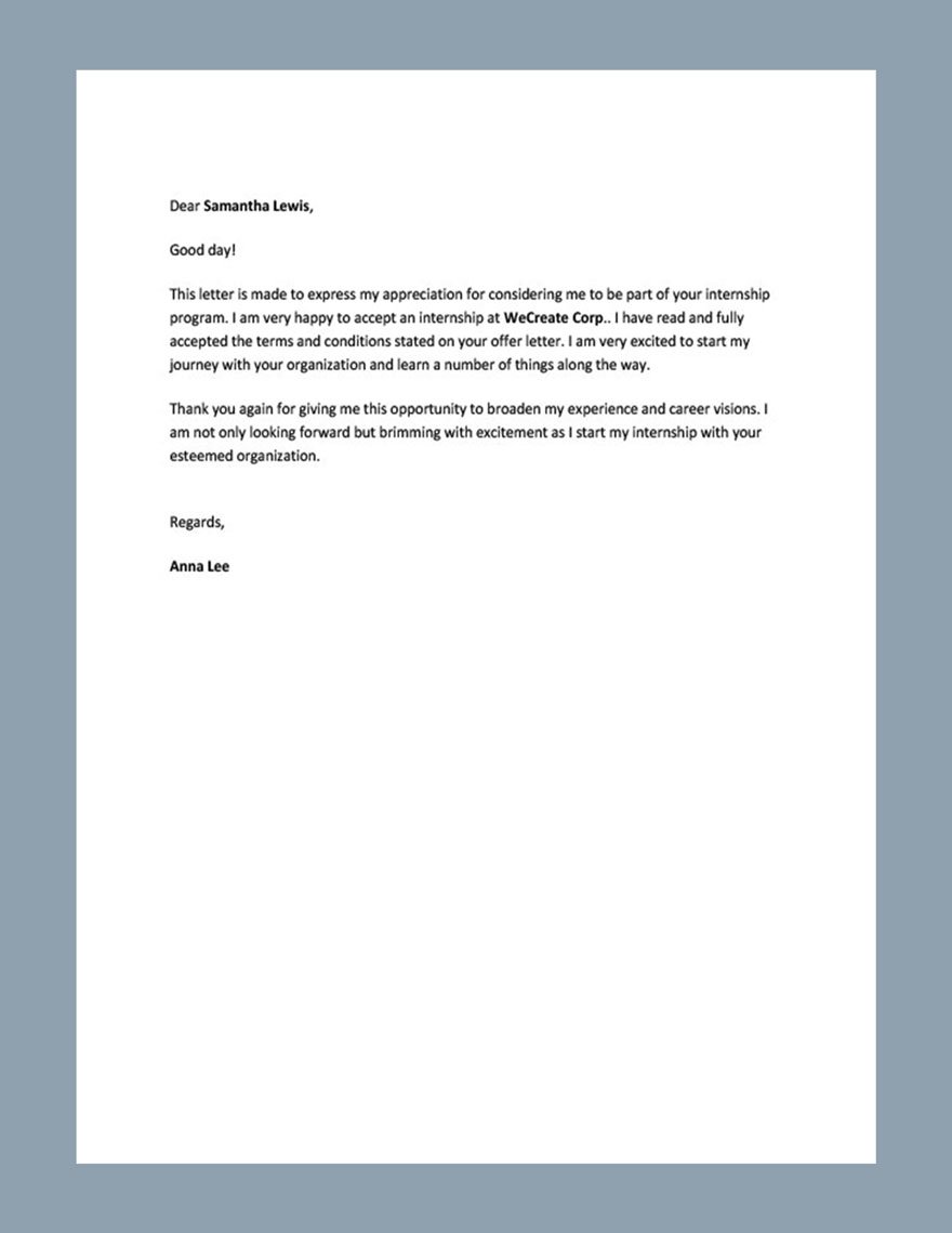 Free Internship Acceptance Thank You Letter Template