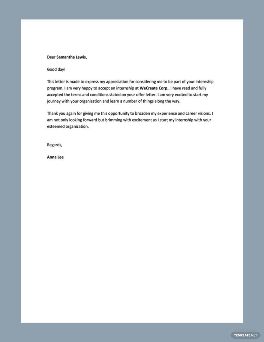 Internship Acceptance Thank You Letter Template