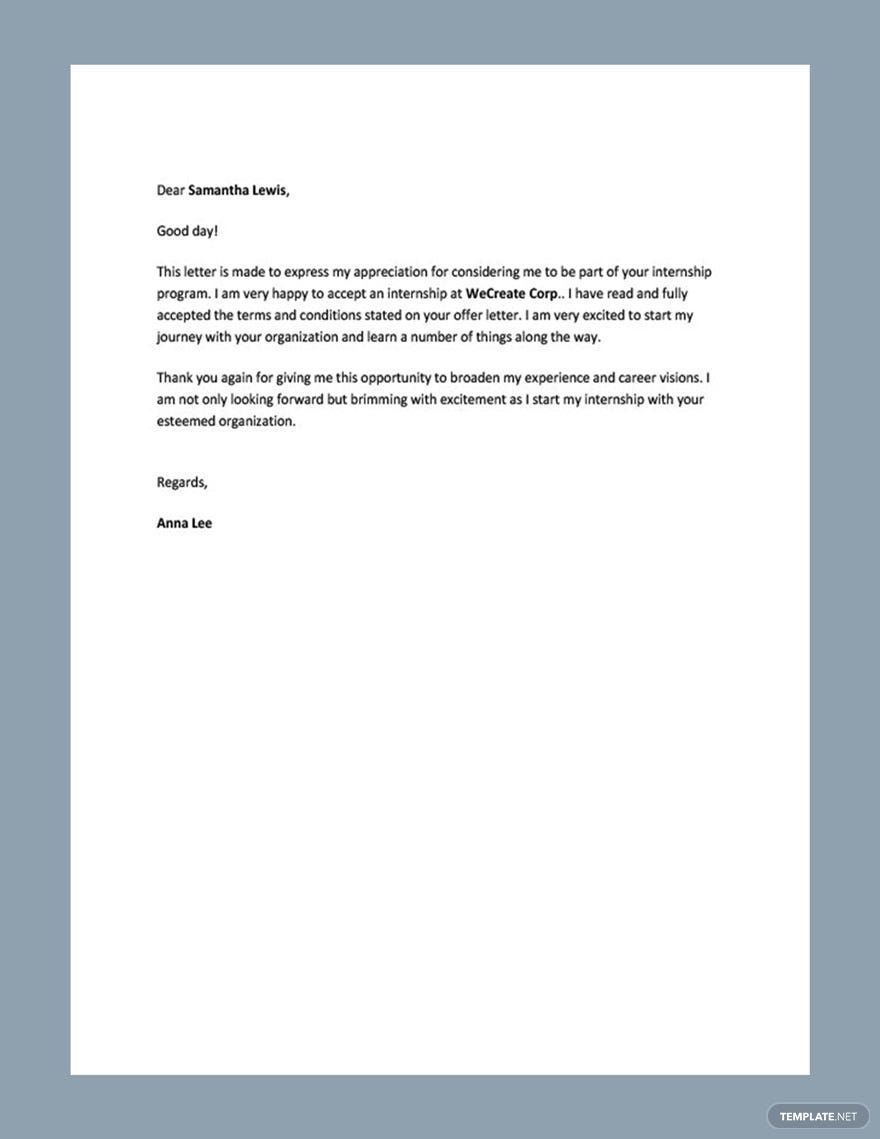 Internship Acceptance Thank You Letter in Google Docs, Word, PDF - Download | Template.net