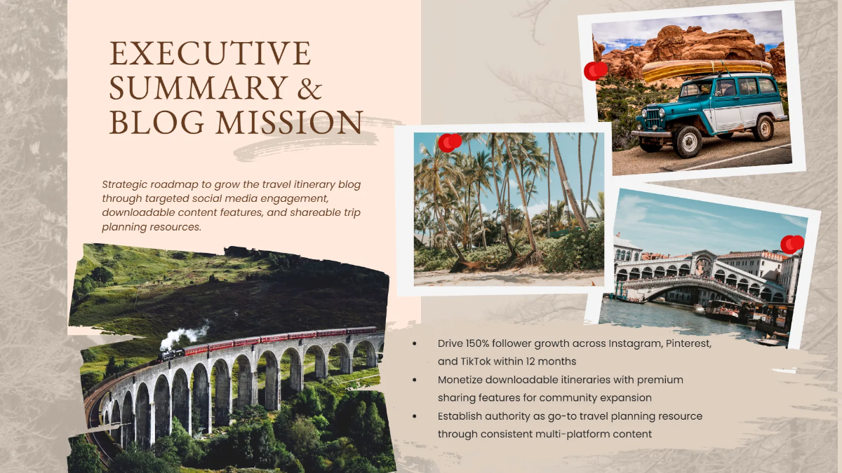 Free Travel Itinerary Blog Social Media Strategy Template to Edit Online