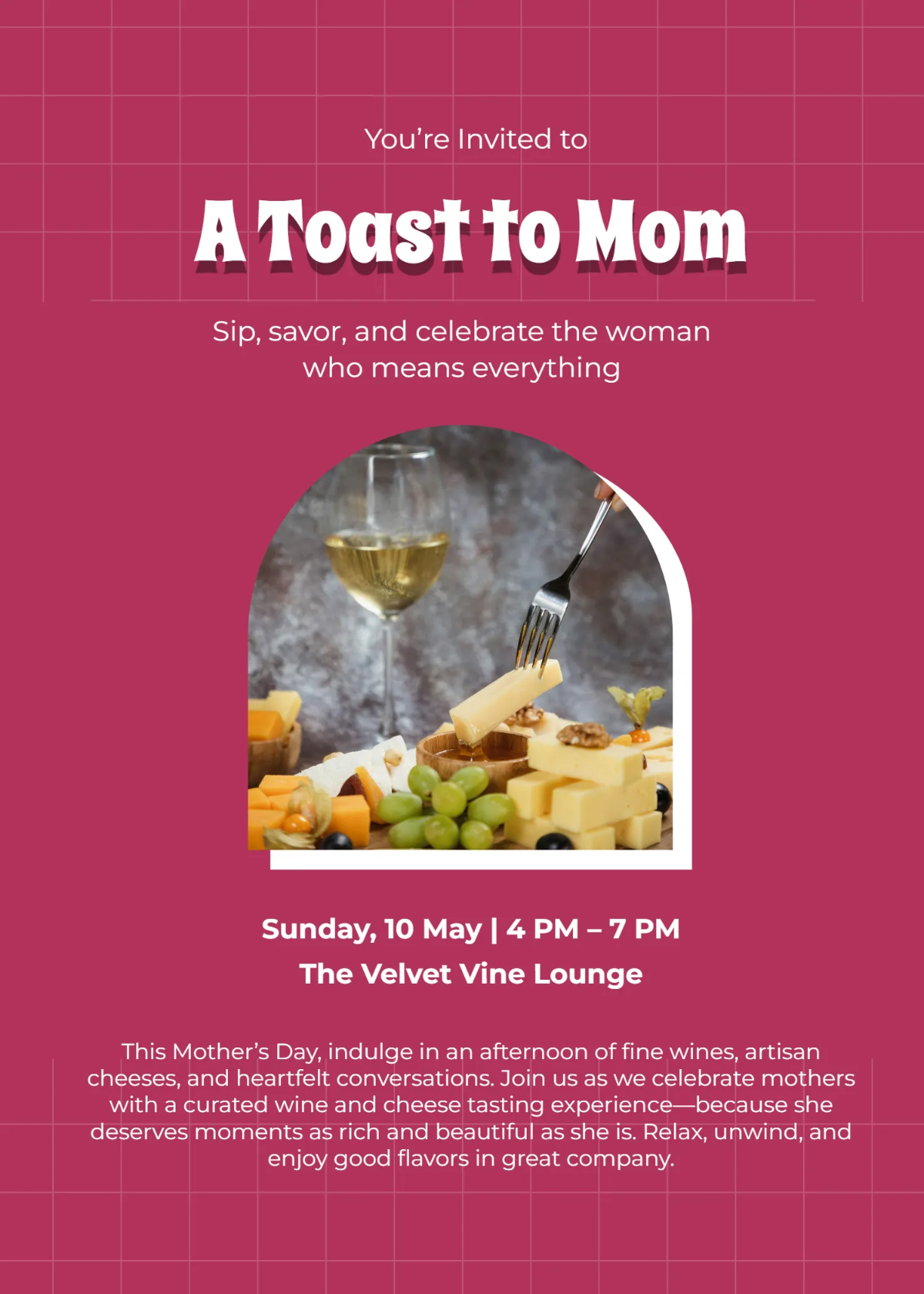 Free Wine and Cheese Tasting Mother's Day Invitation Template to Edit Online