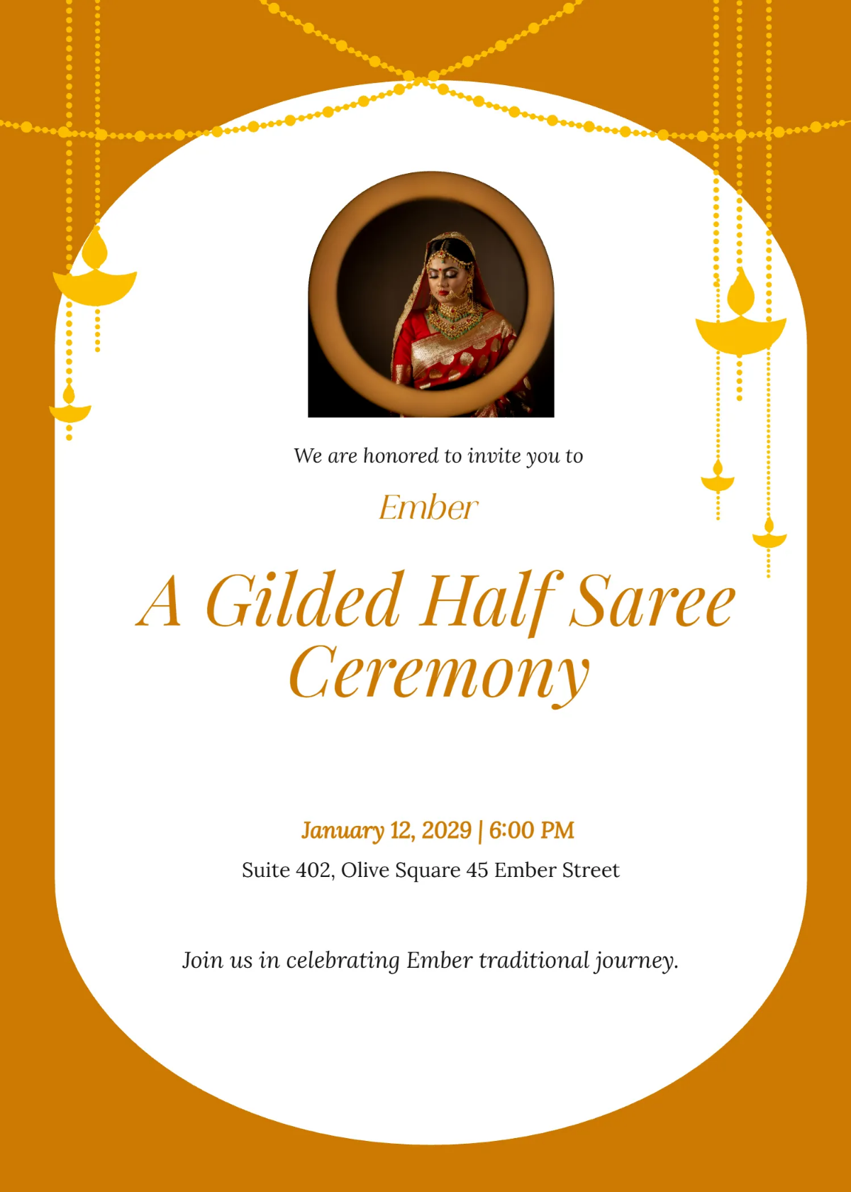 Gold Half Saree Invitation Template