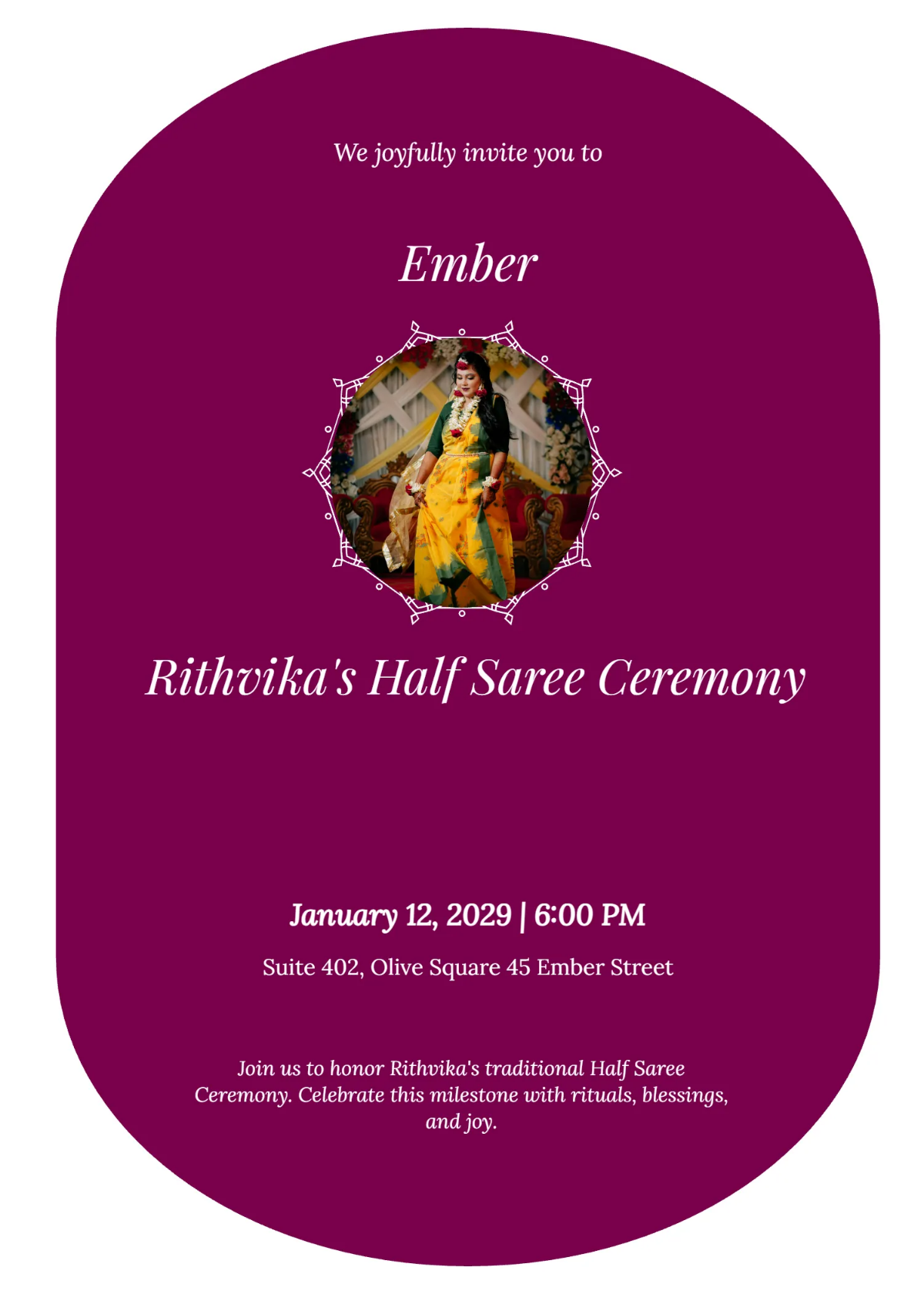 Free South Indian Half Saree Invitation Template to Edit Online