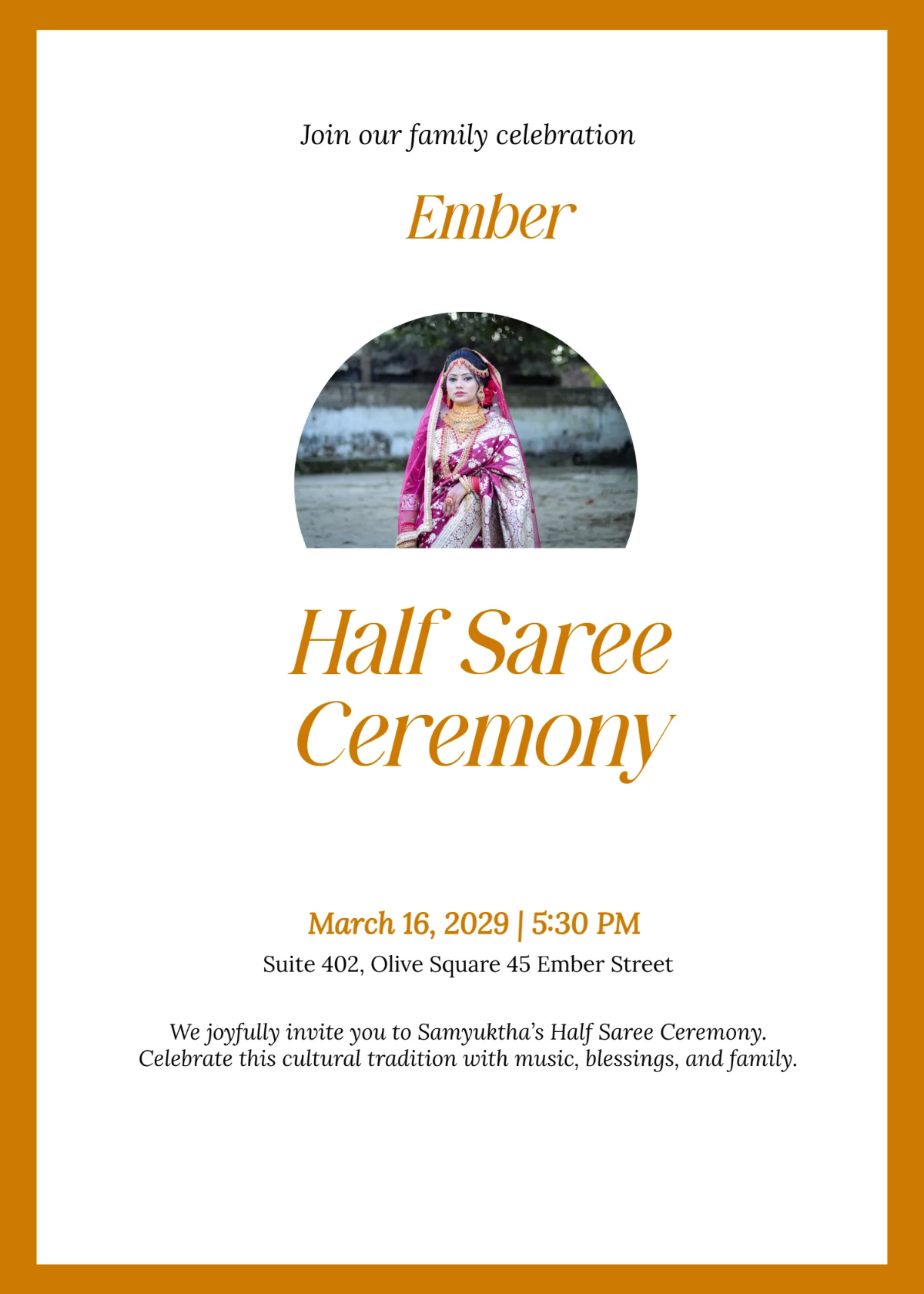 Free Family Event Half Saree Invitation Template to Edit Online