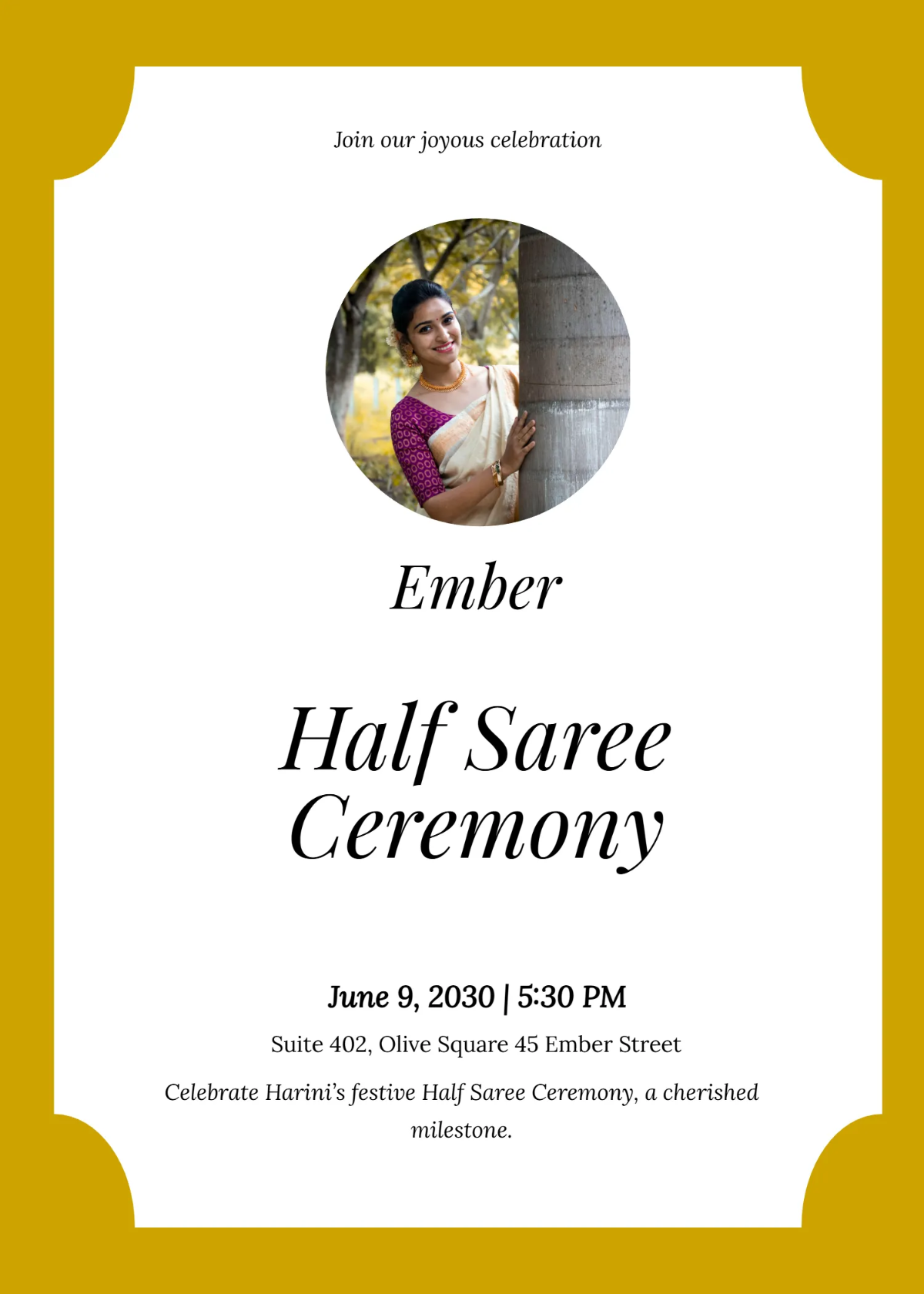 Free Festive Half Saree Invitation Template to Edit Online