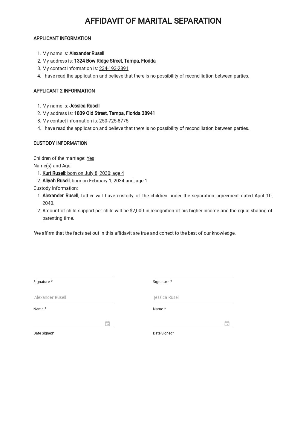 separation agreement with child pdf florida