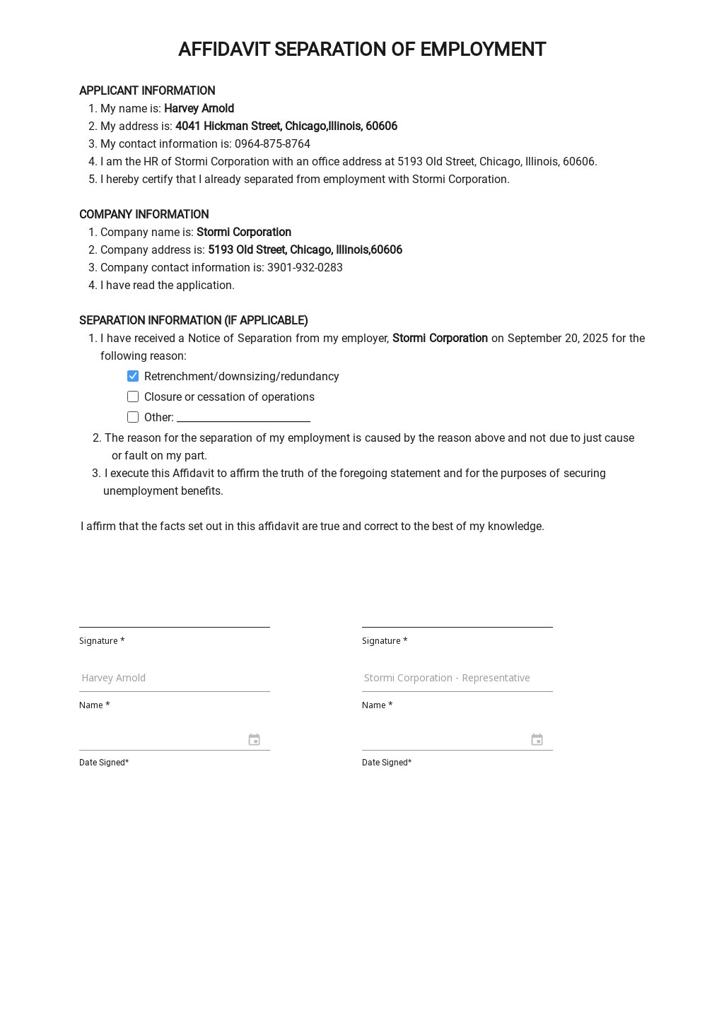Affidavit Of Separation Of Employment Template in Word, Google Docs