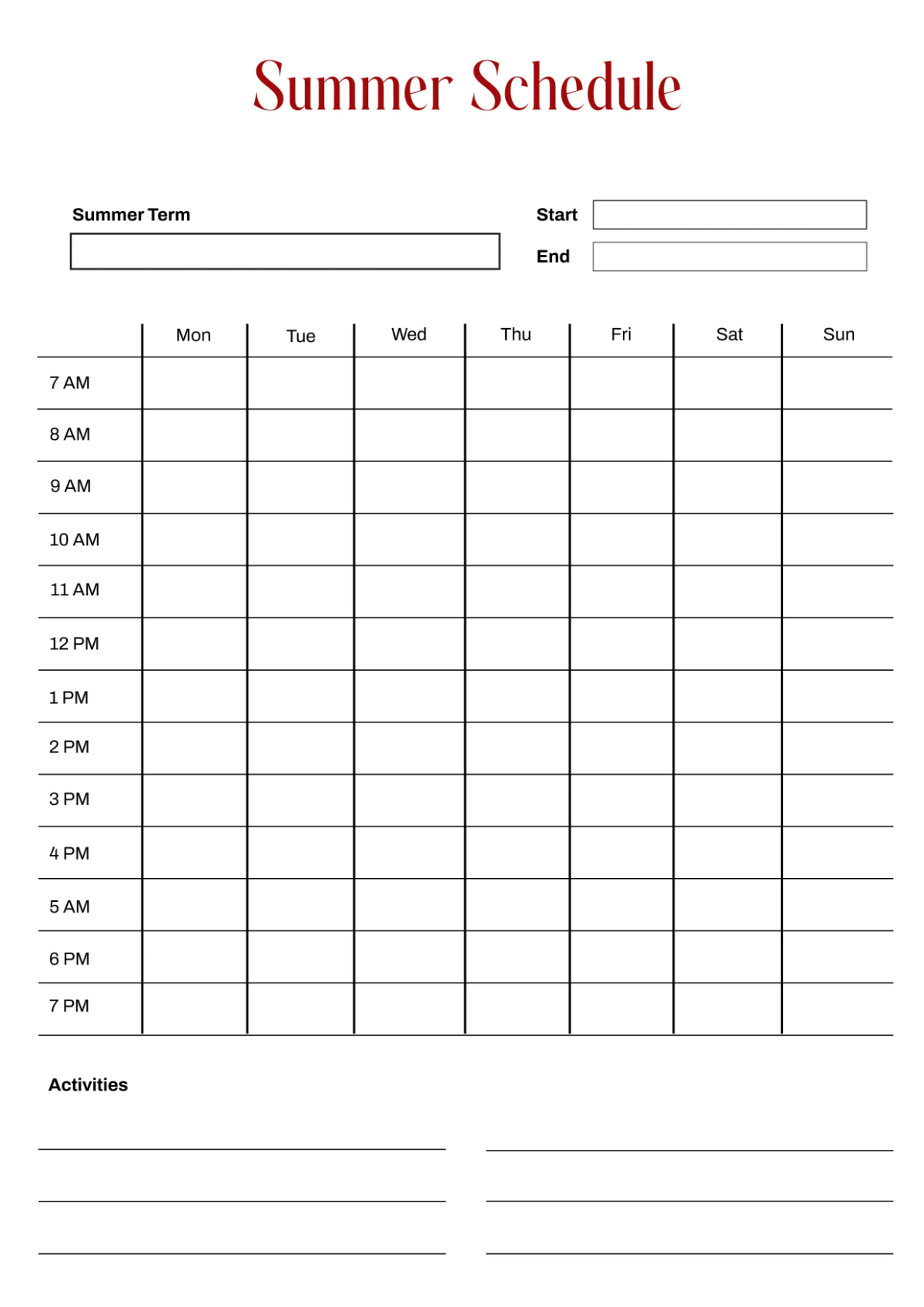 Free Blank Summer Classroom Schedule Template to Edit Online