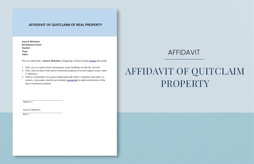 Affidavit of Quitclaim Property Template in Word, Google Docs