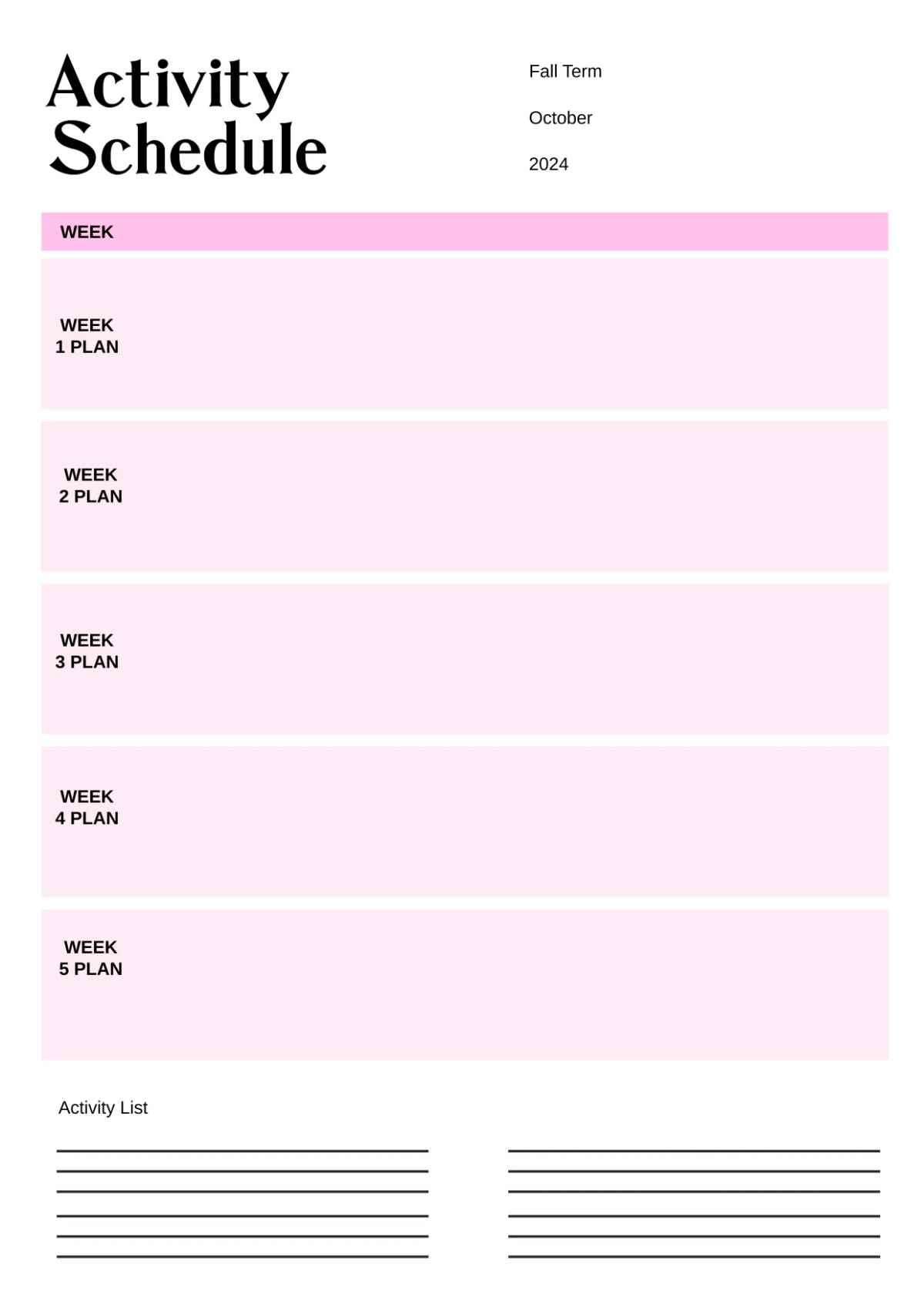 Free Activity Classroom Schedule Template to Edit Online