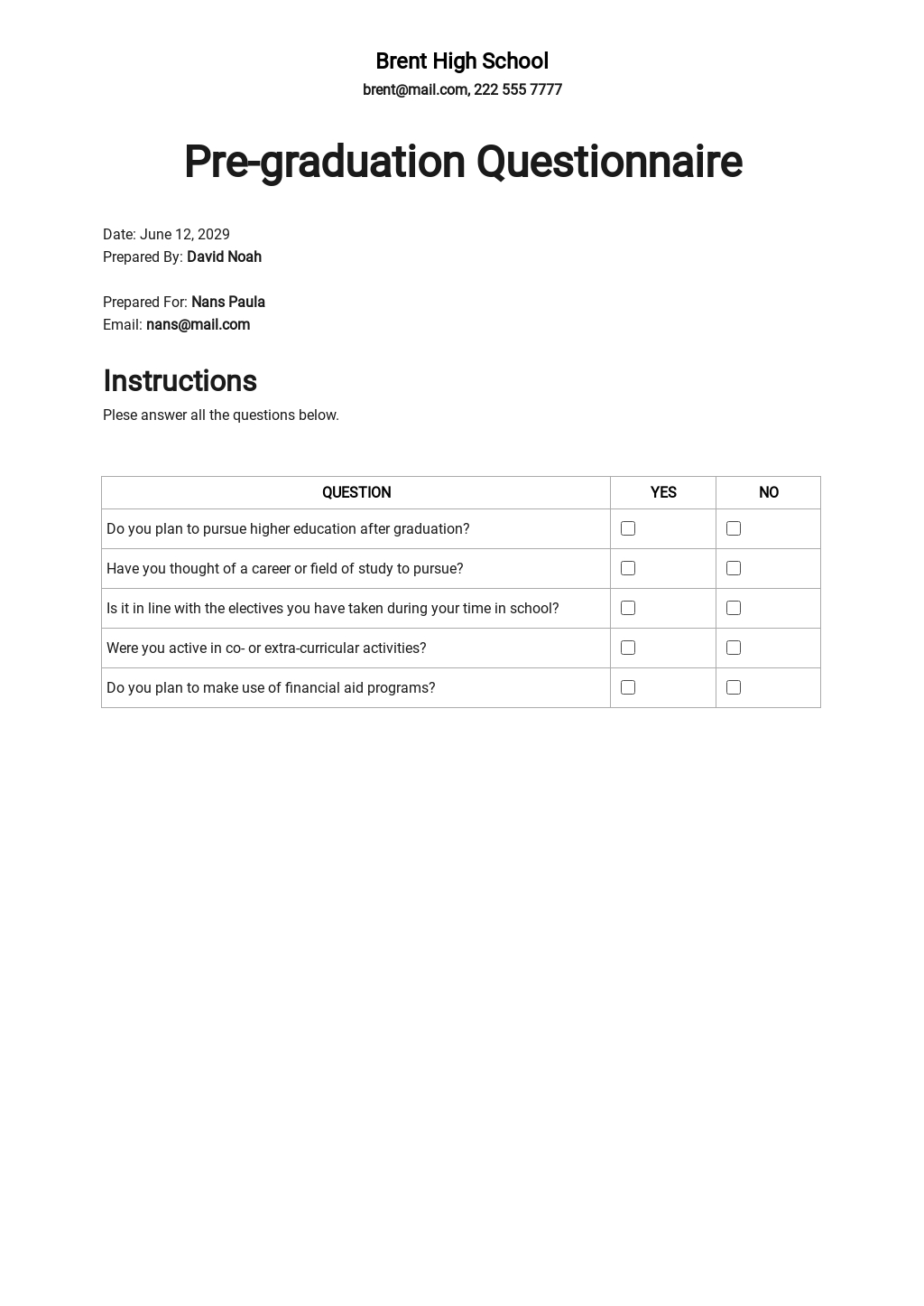 School Questionnaire Template - Google Docs, Word, Apple Pages, PDF