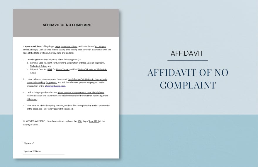 Affidavit of No Complaint Template