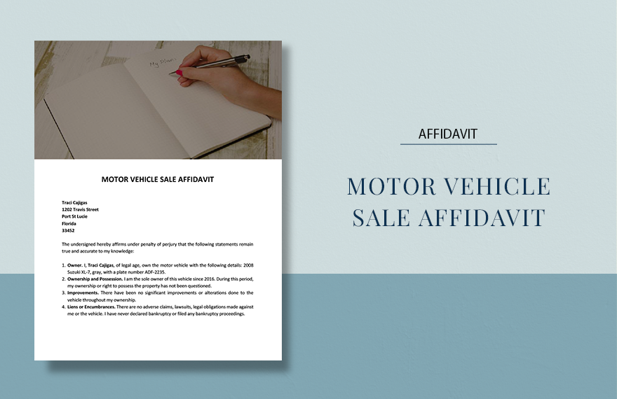 Motor Vehicle Sale Affidavit Template