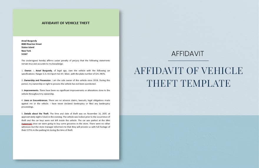 Affidavit of Vehicle Theft Template in Word, Google Docs