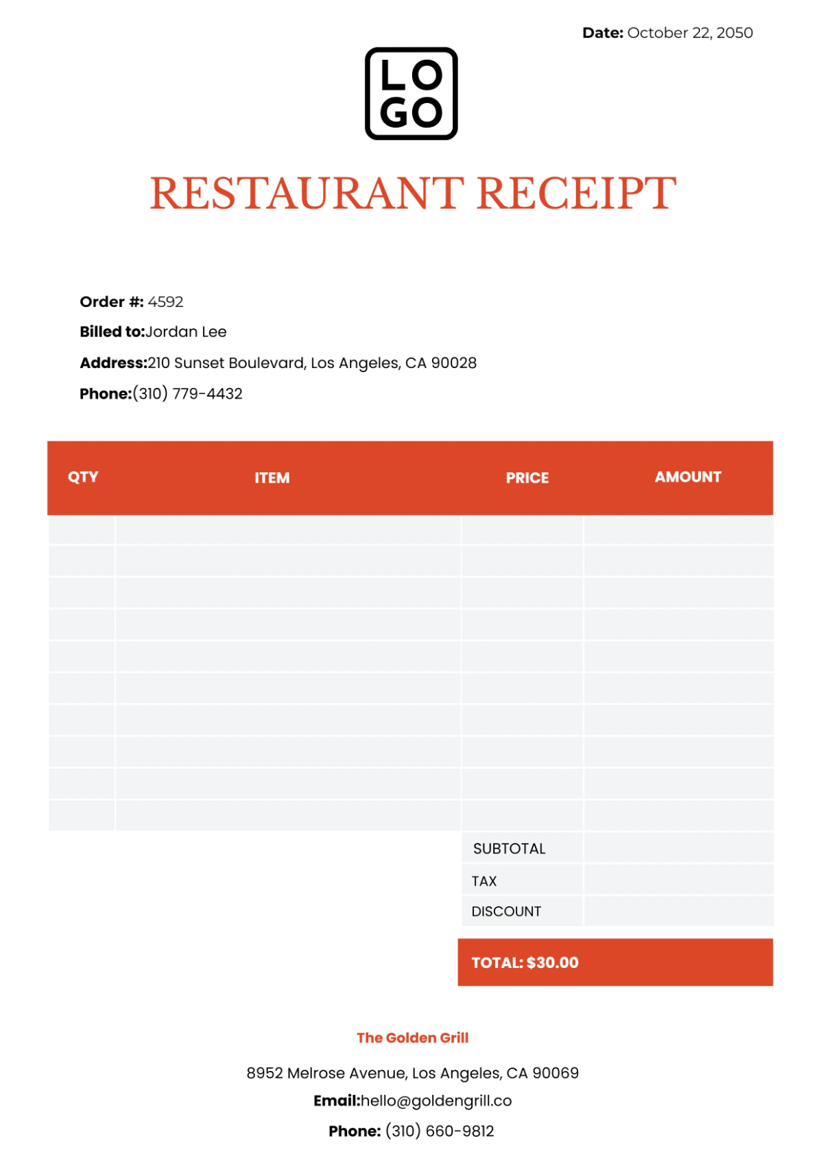 Free Orange Restaurant Receipt Template to Edit Online