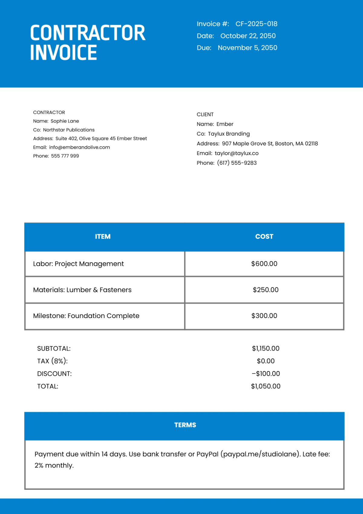 Free Contractor Invoice Template to Edit Online