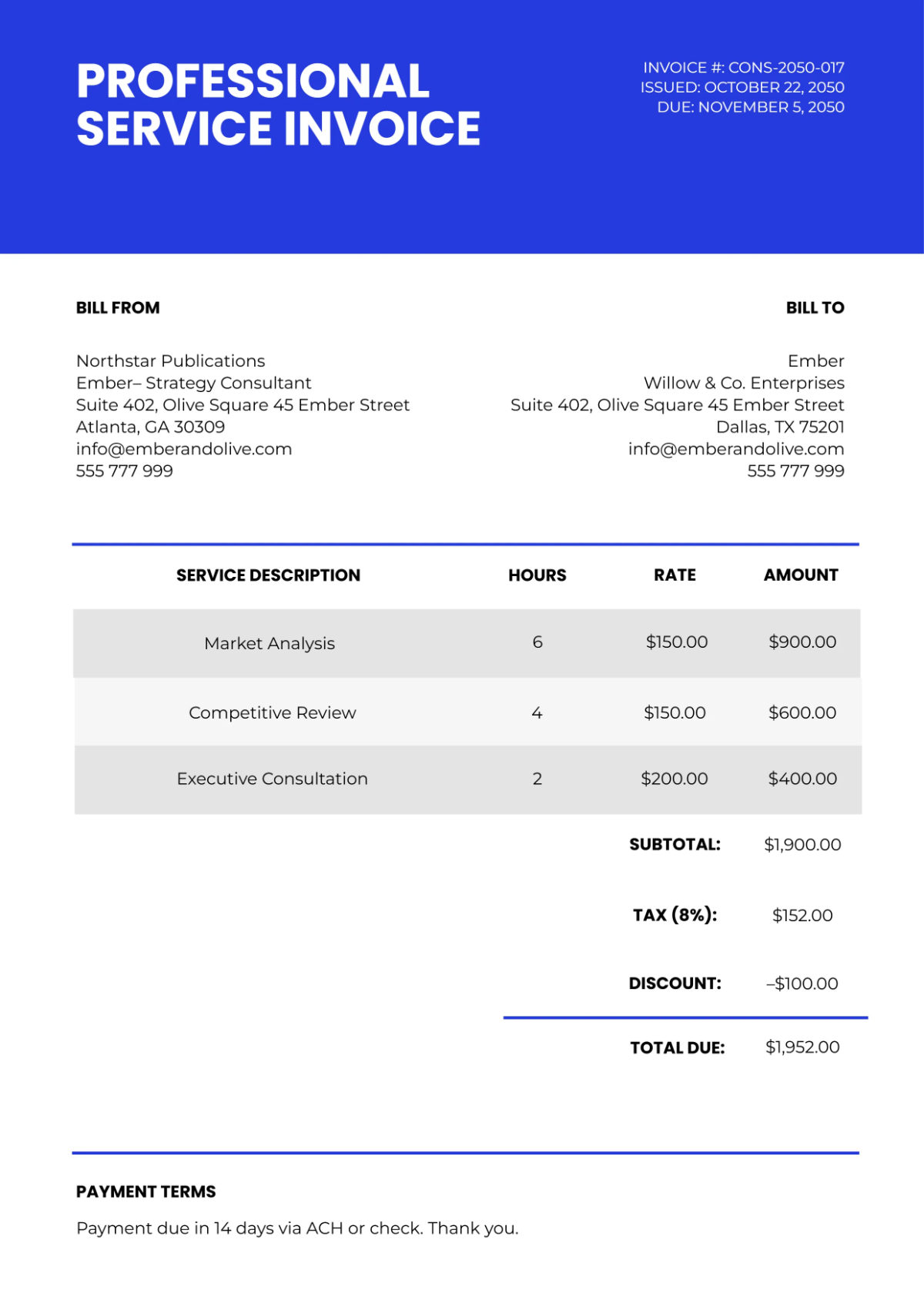 Free Professional Service Invoice Template to Edit Online