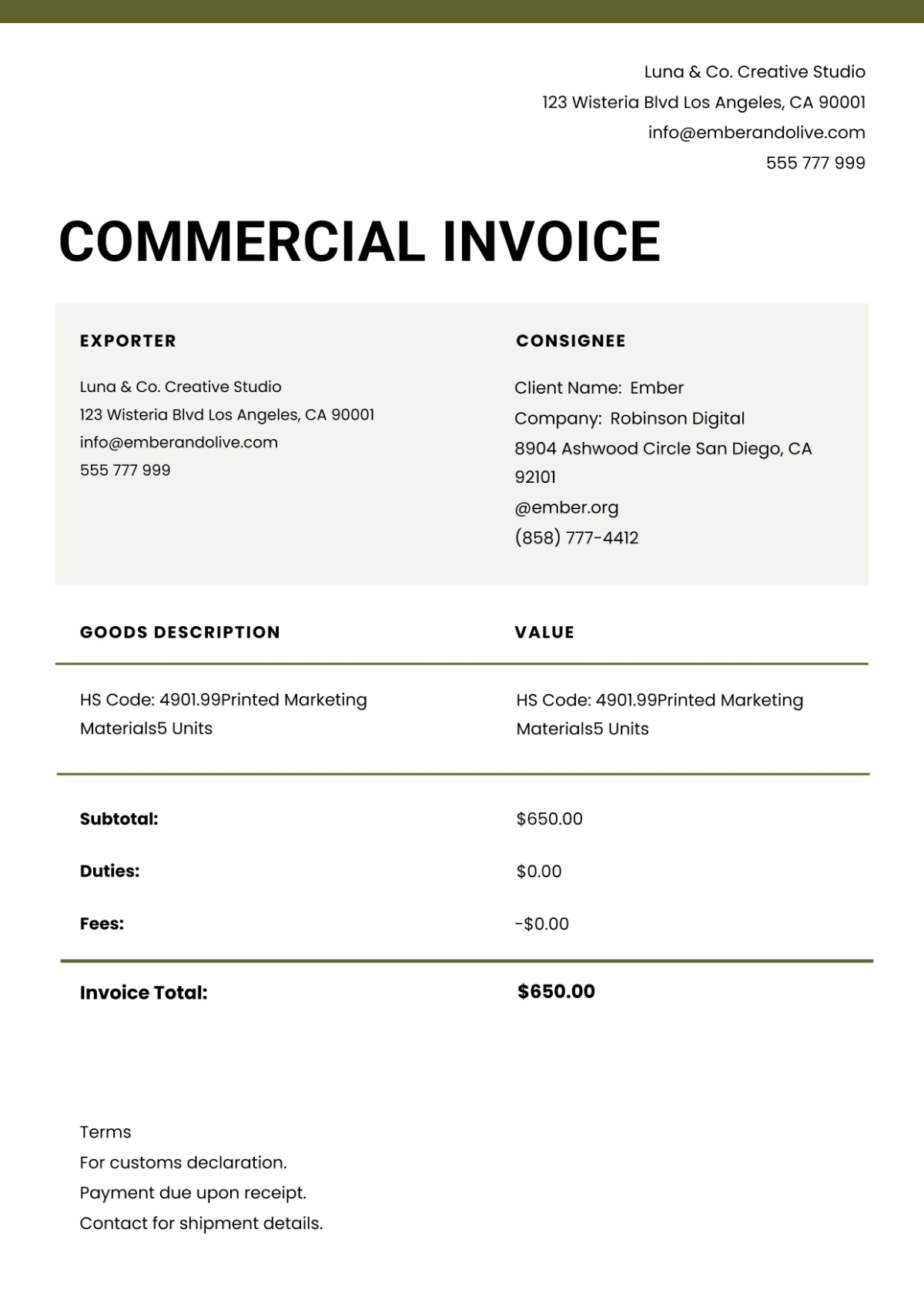 Free Commercial Invoice Template to Edit Online