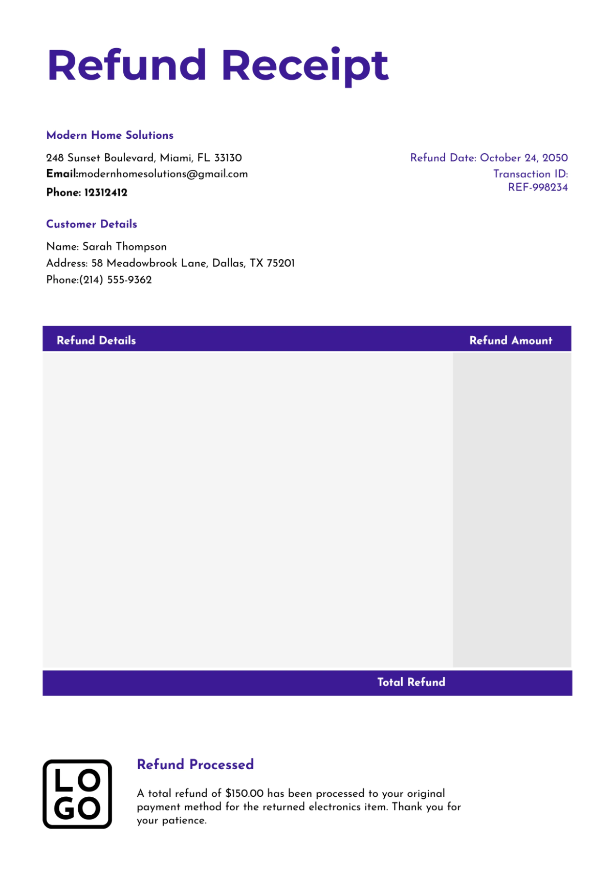 Free Refund Receipt Template to Edit Online