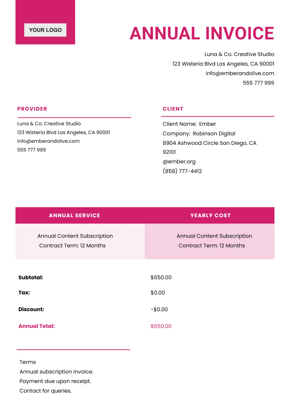 Free Colorful Annual Invoice Template to Edit Online