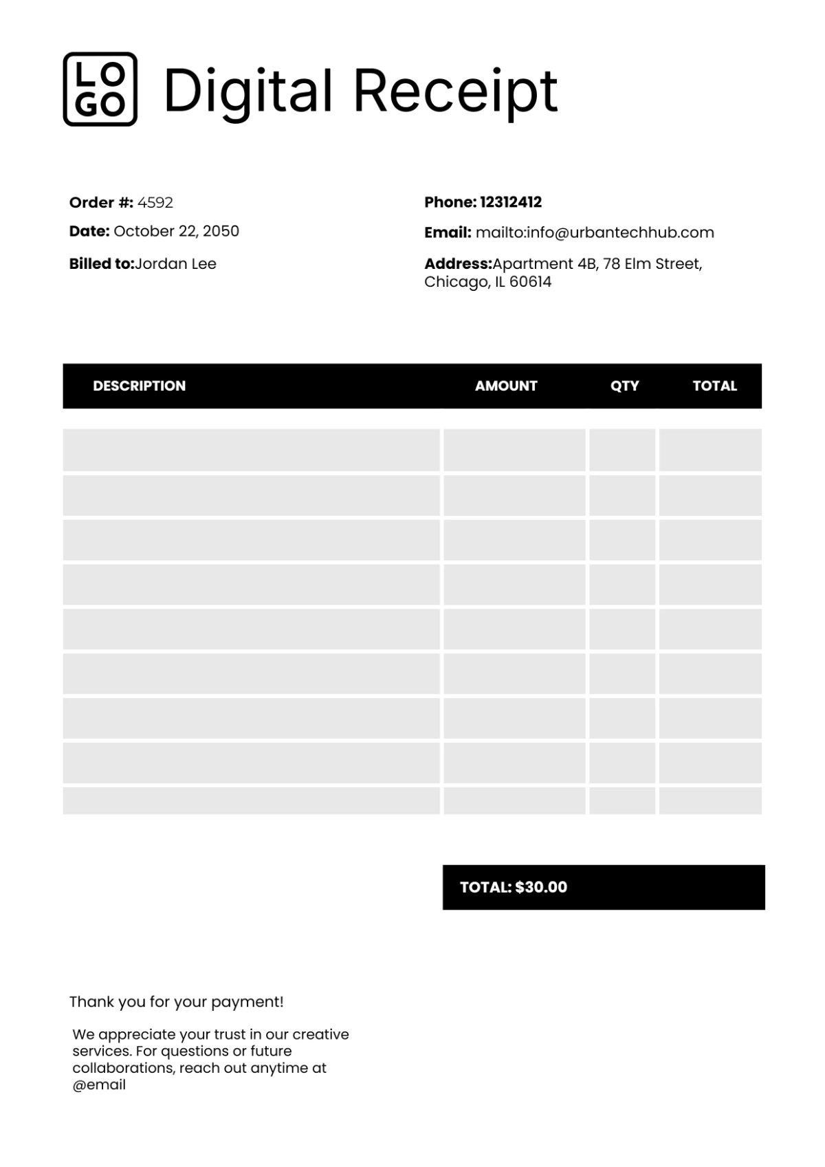 Free Black and White Digital Receipt Template to Edit Online