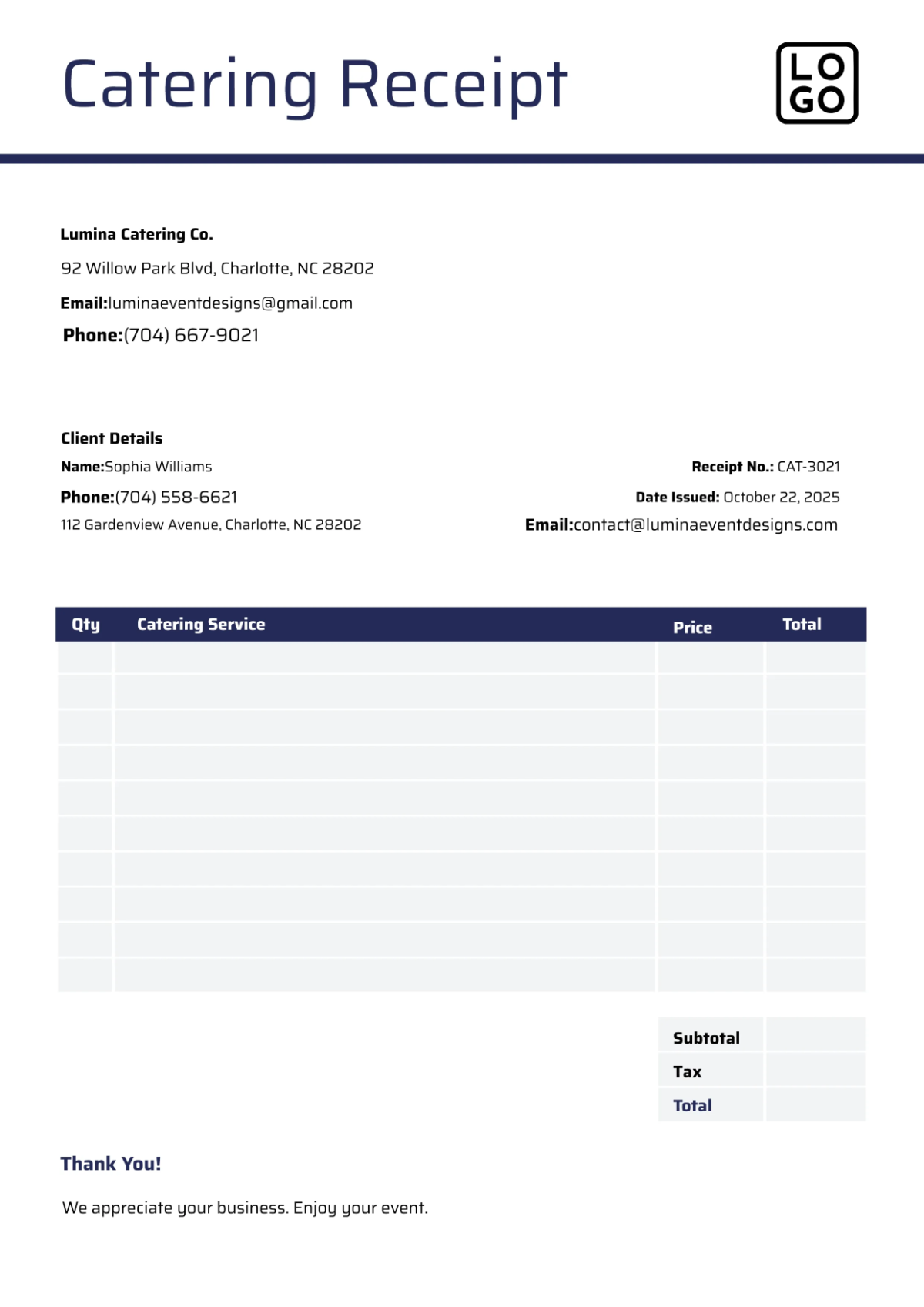 Free Catering Receipt Template to Edit Online