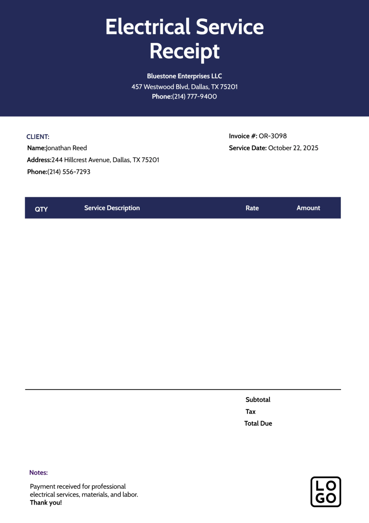 Free Electrician Receipt Template to Edit Online