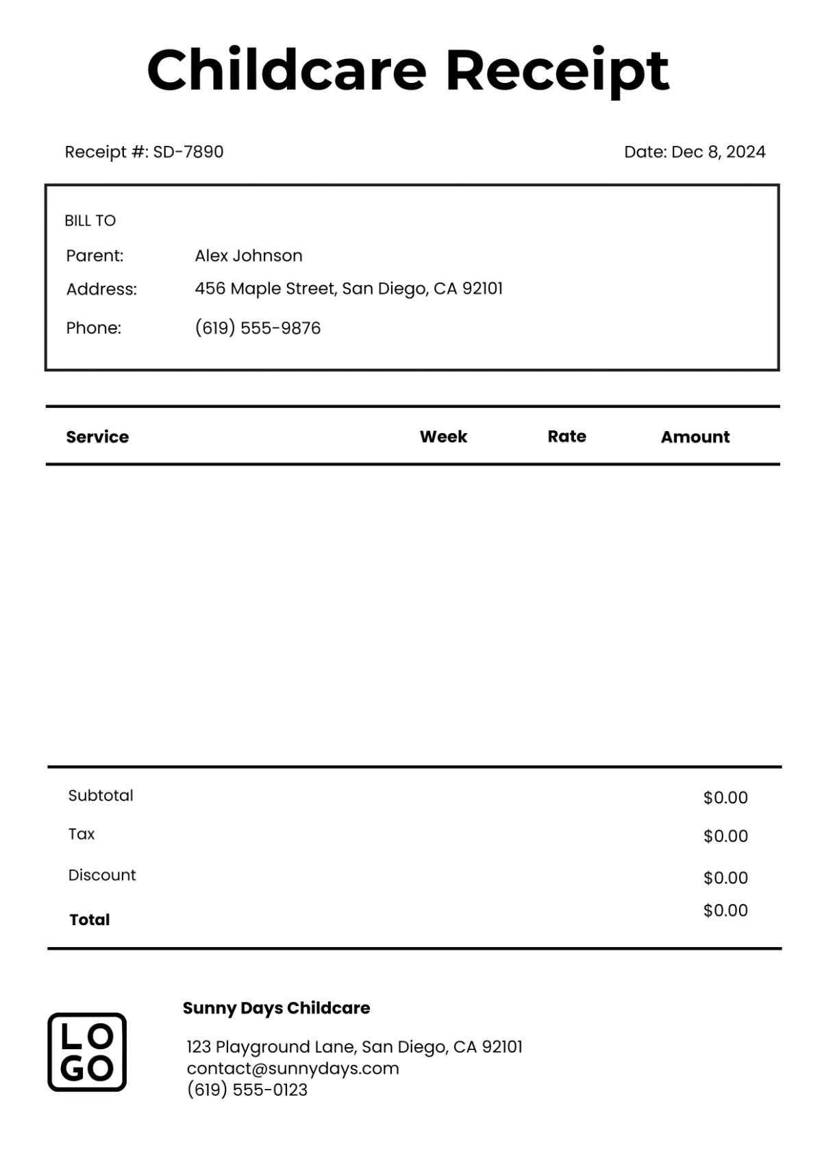 Free Day Care Receipt Template to Edit Online