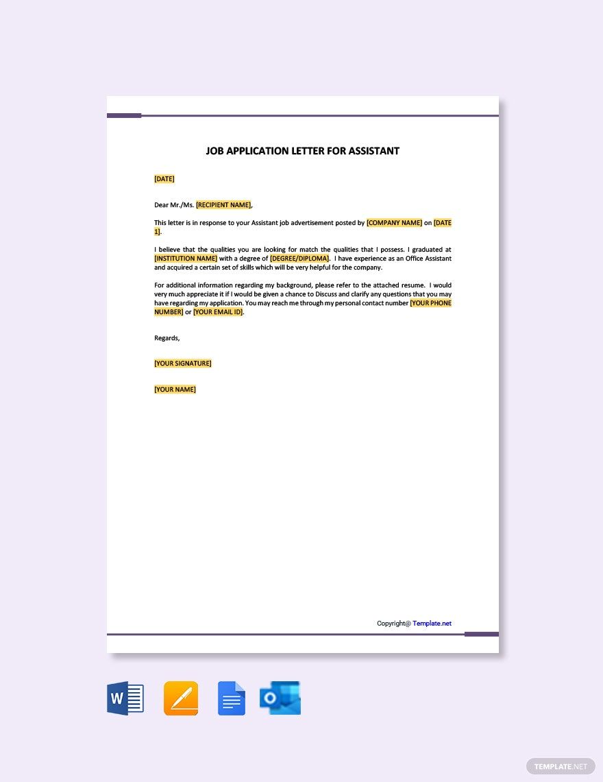 Job Application Letter Template For Assistant