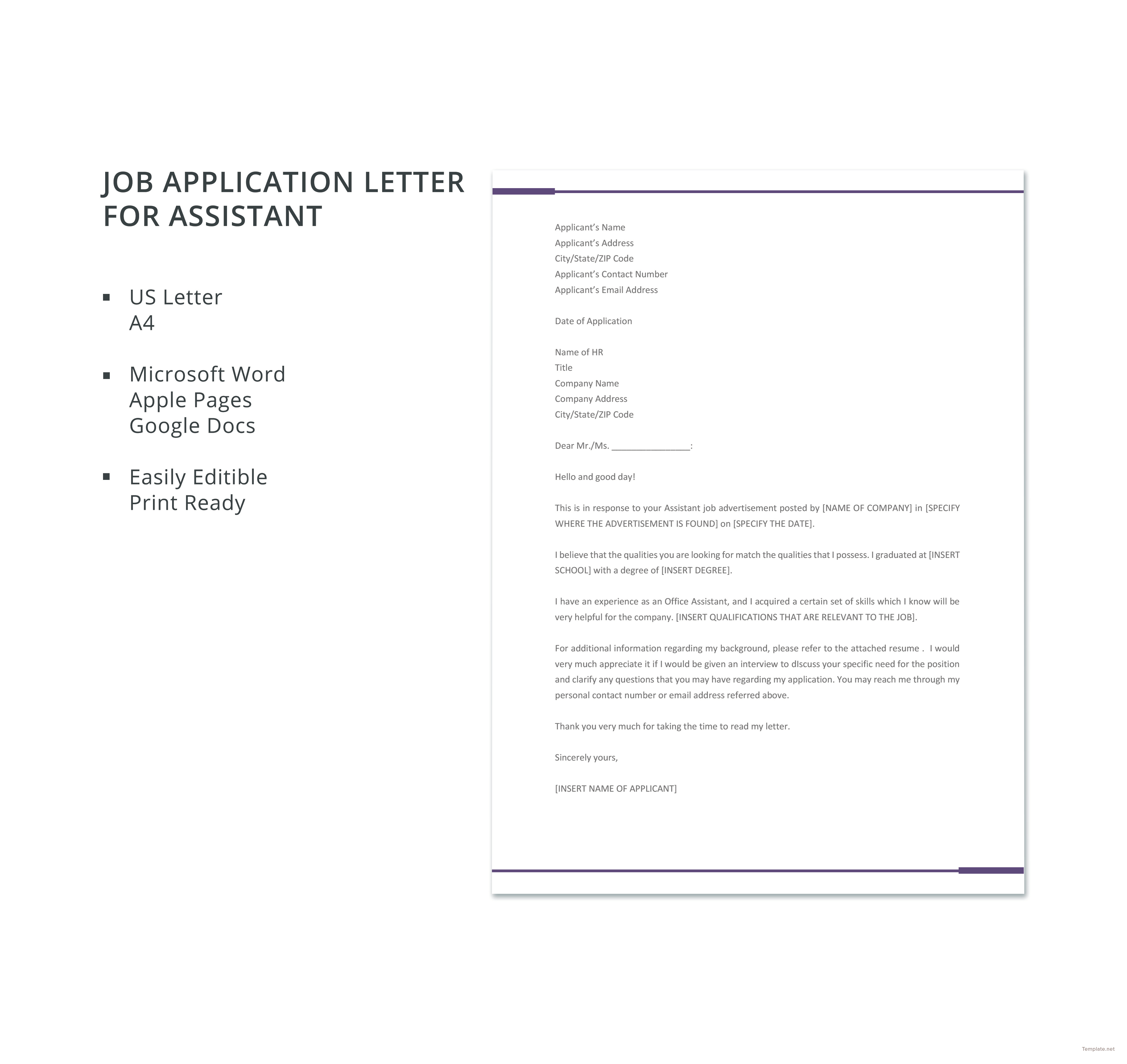 job application letter for personal assistant