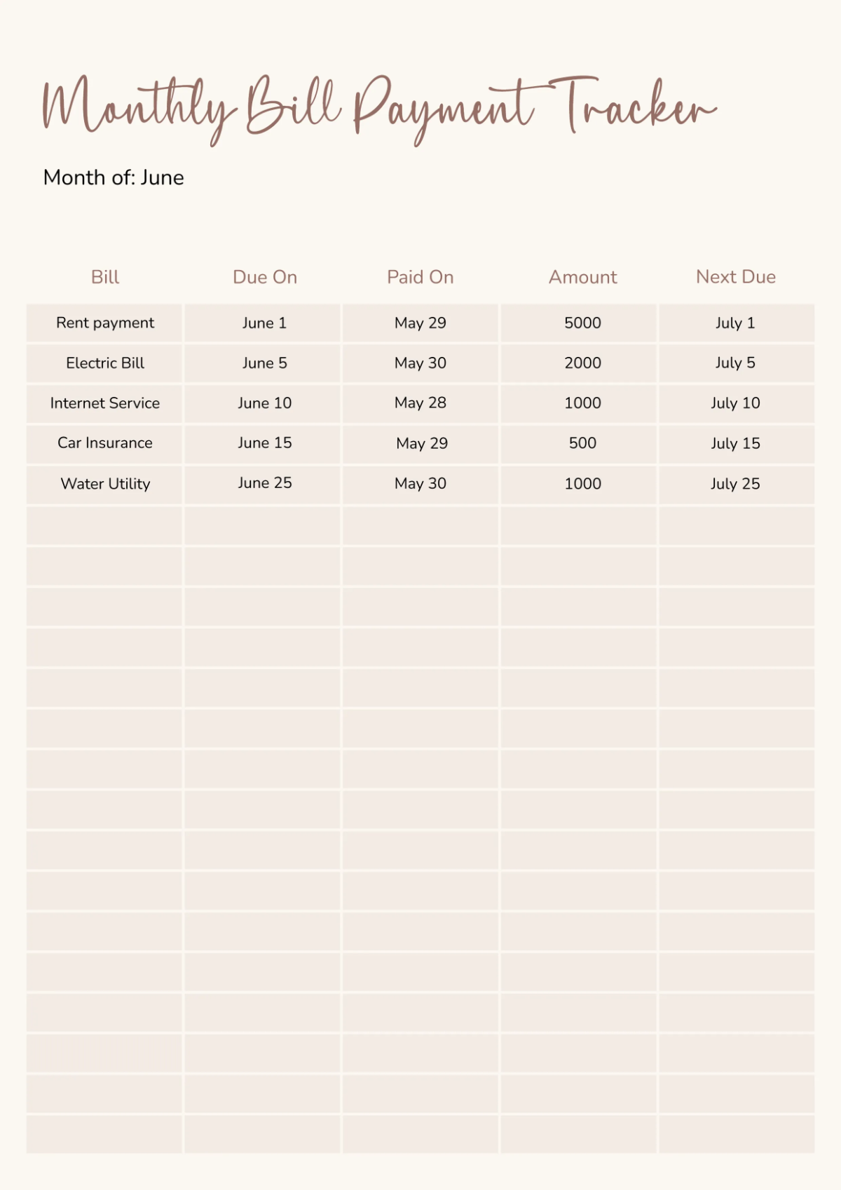 Free Bill Payment Tracker Template to Edit Online