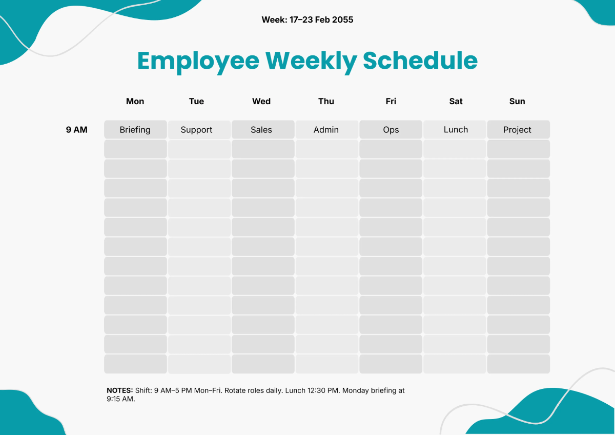 Employee Timetable Template