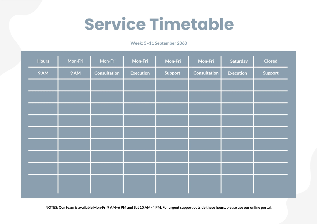Service Timetable Template