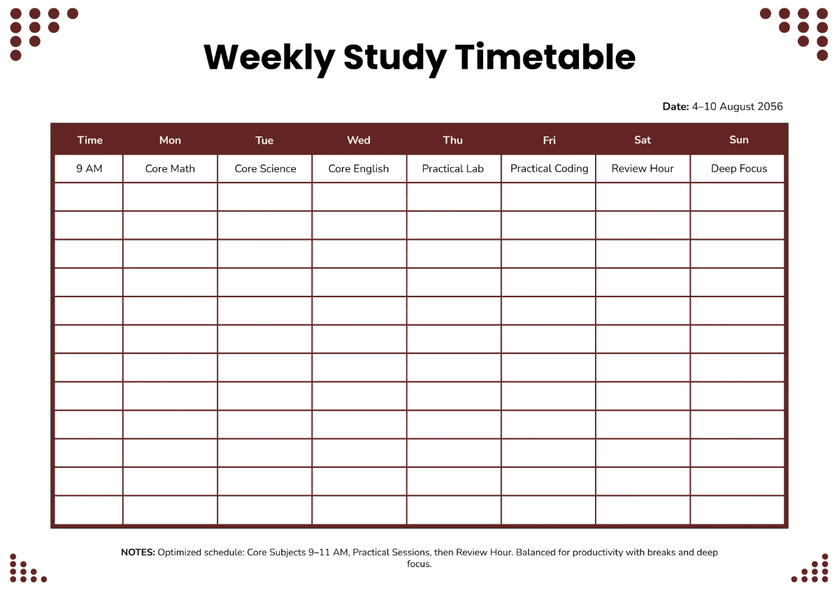 Monday to Sunday Timetable Template