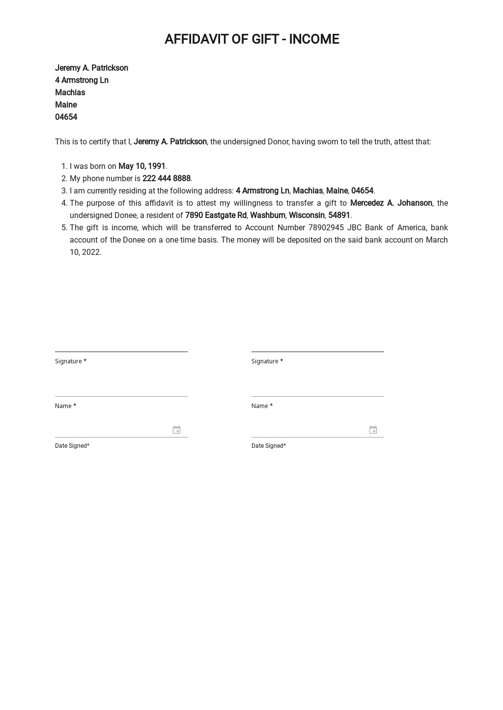 Affidavit of Gift ï¿½ Income Template in Word, Google Docs