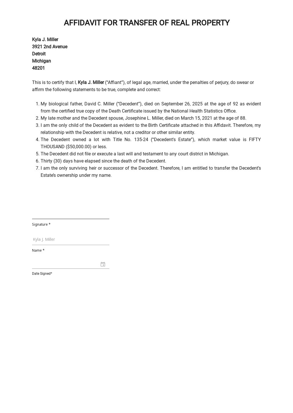 Affidavit for Transfer of Real Property Template in Word, Google Docs