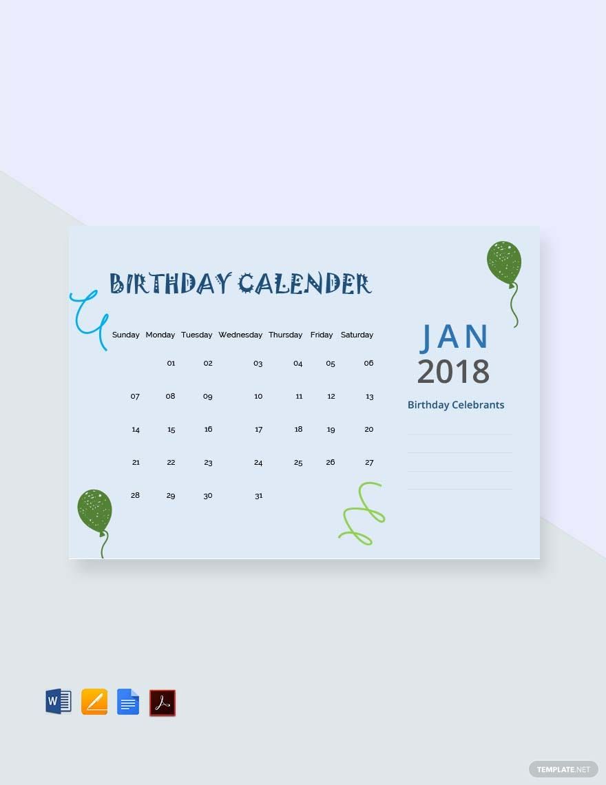 Sample Birthday Calendar Template