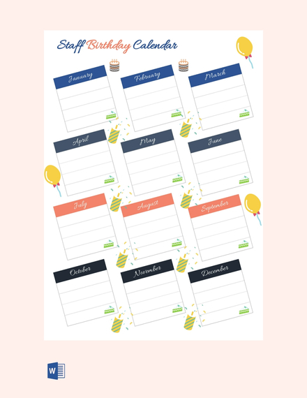 Staff Birthday Calendar Template - Word | Template.net