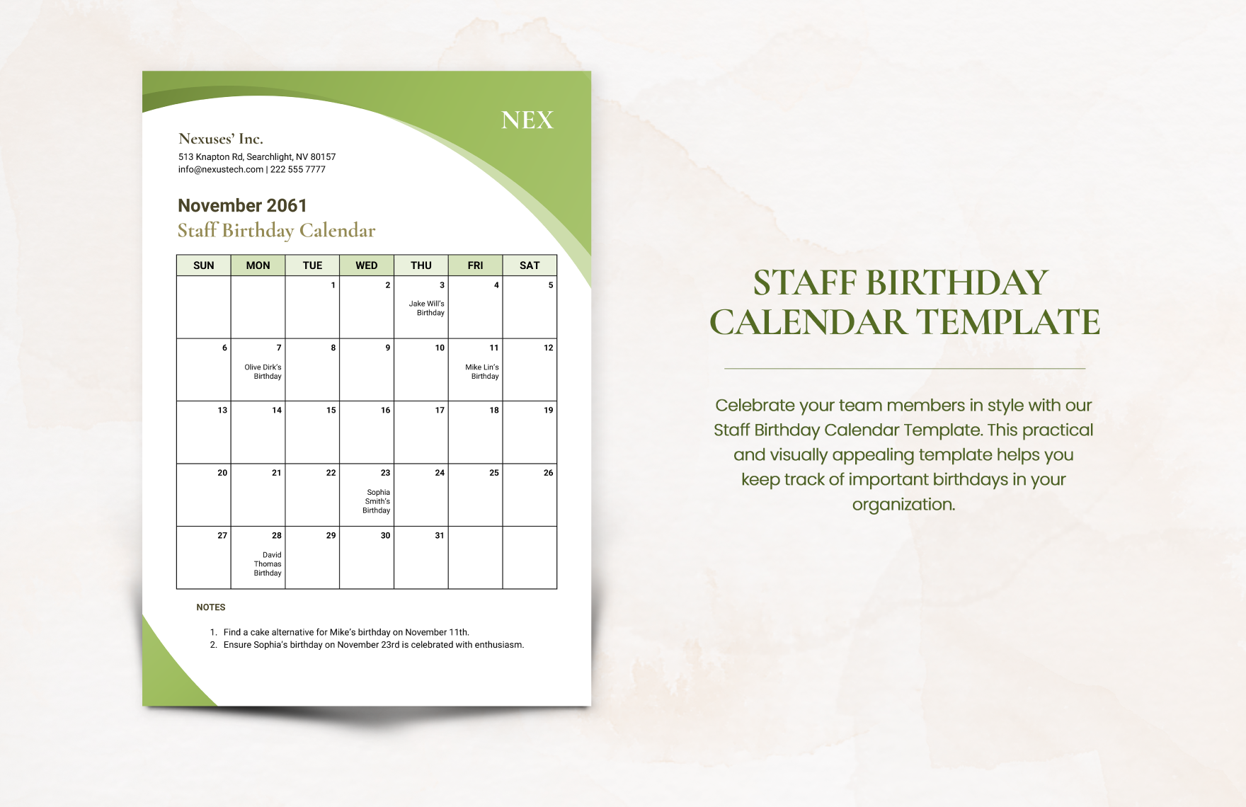 Staff Birthday Calendar Template Word, Google Docs