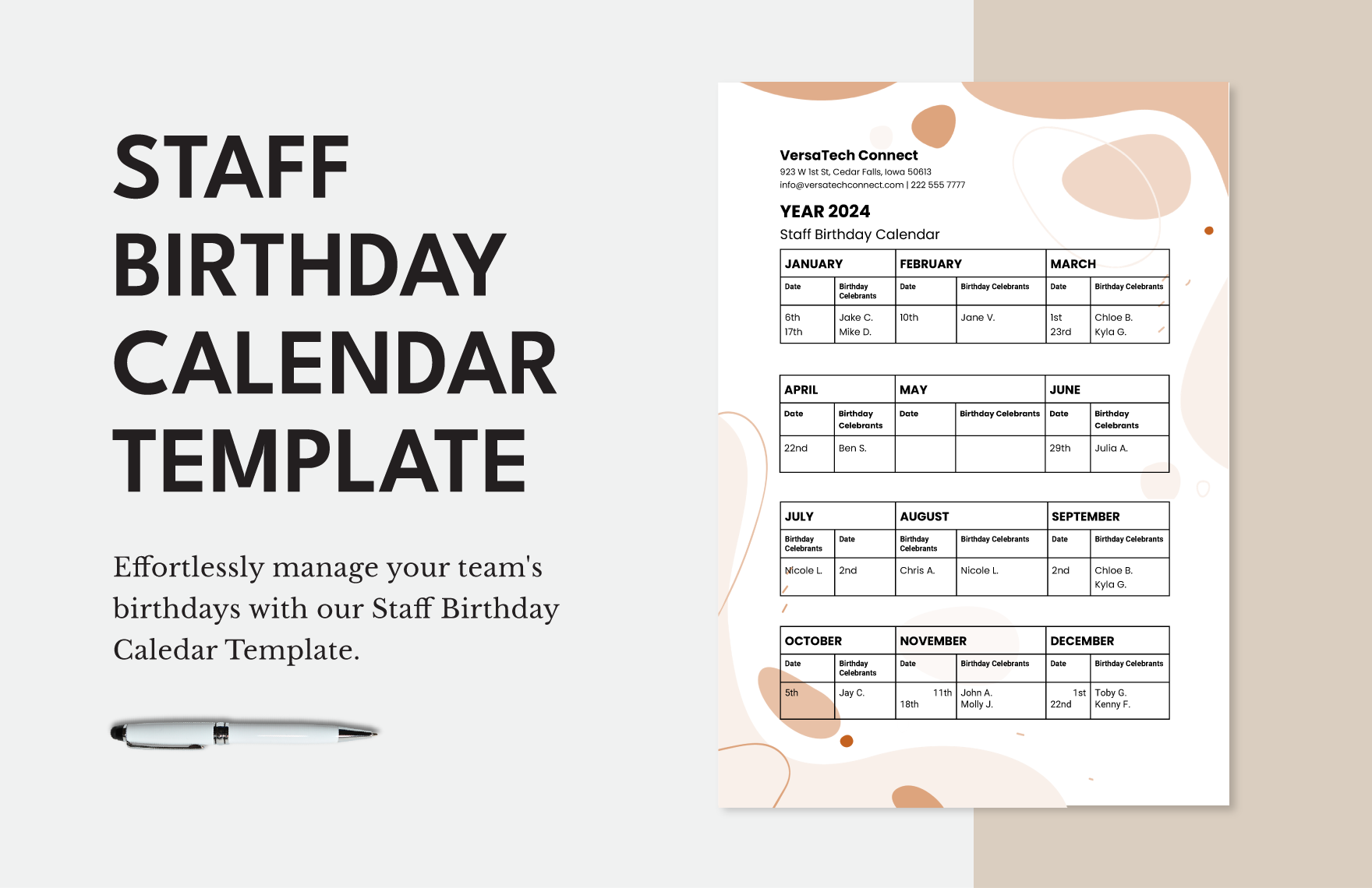 Staff Birthday Calendar Template