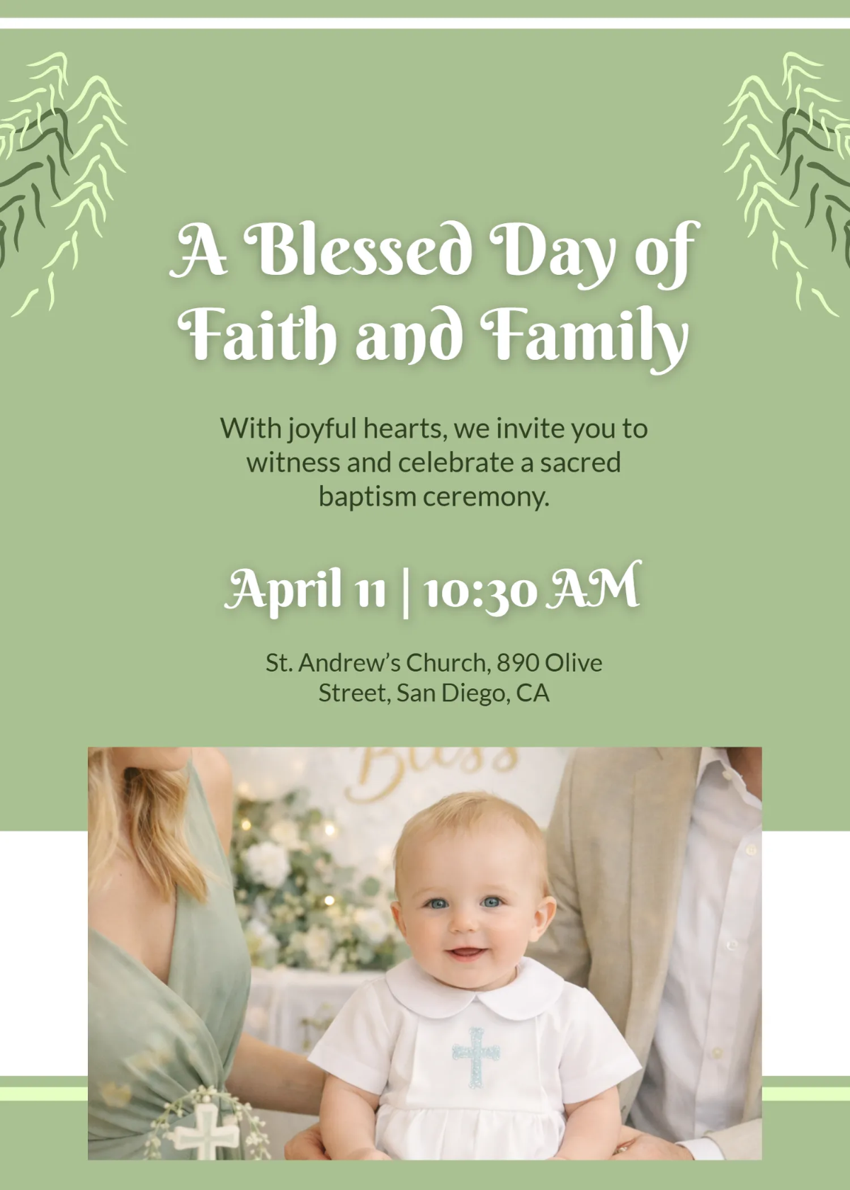 Free Sage Green Baptism Invitation Template to Edit Online