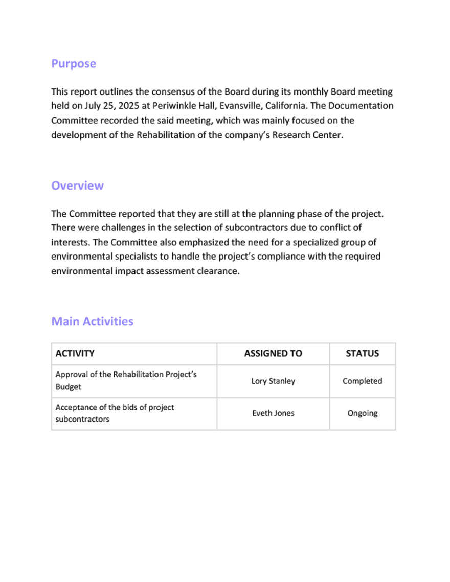 Board Meeting Report Template Google Docs, Word