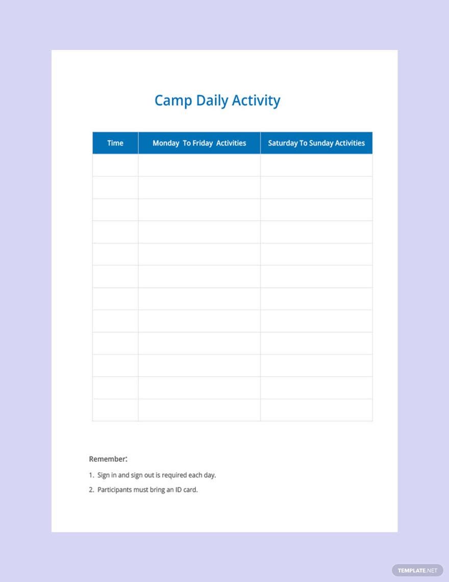 Free Camp Daily Schedule Template