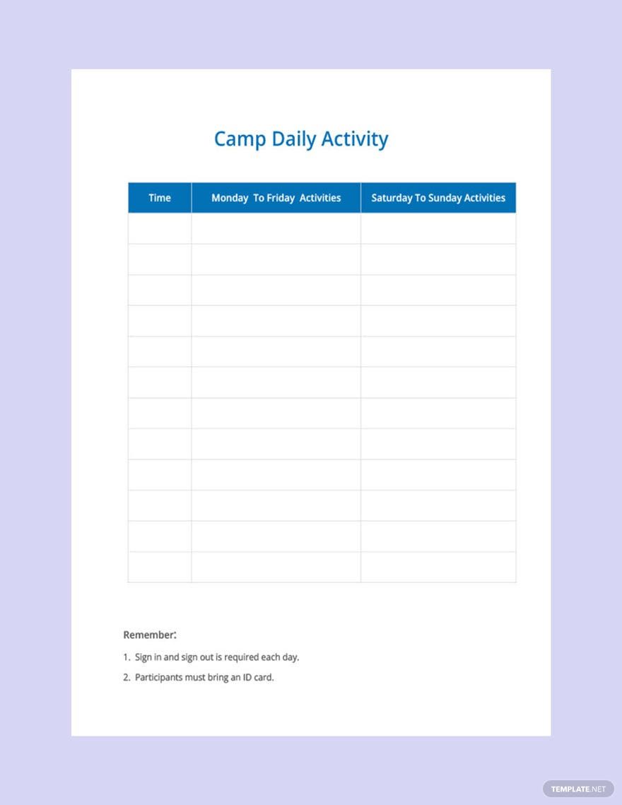 camp daily schedule template