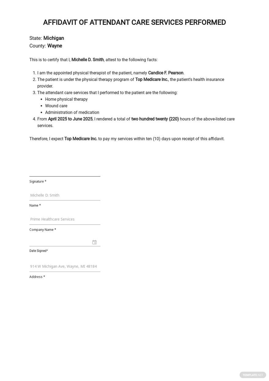 Affidavit of Attendant Care Services Performed Template in Word, Google Docs