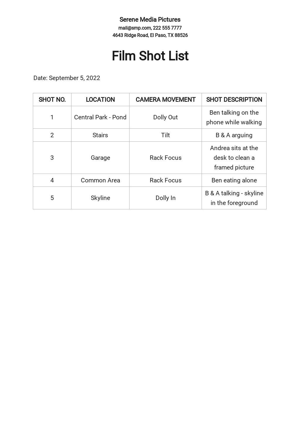 Shot List Template Google Sheets