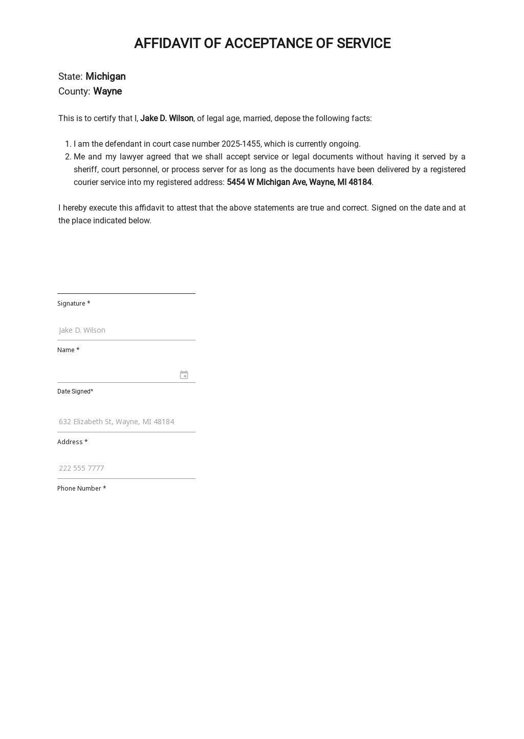 Affidavit of Acceptance of Service Template in Word, Google Docs